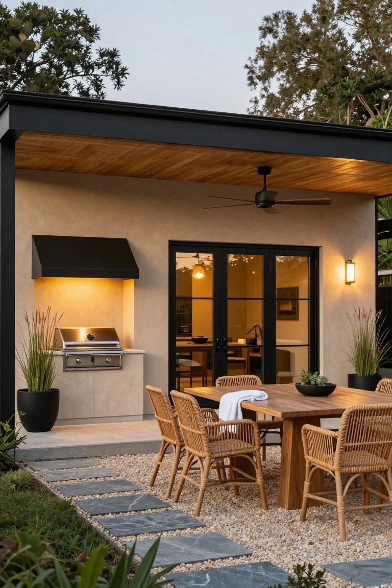 Covered outdoor patio with taupe stucco wall, black metal awning over built-in stainless steel grill, black-framed glass doors to interior, teak dining table surrounded by rattan chairs, potted grasses, and gravel path with stone stepping tiles.