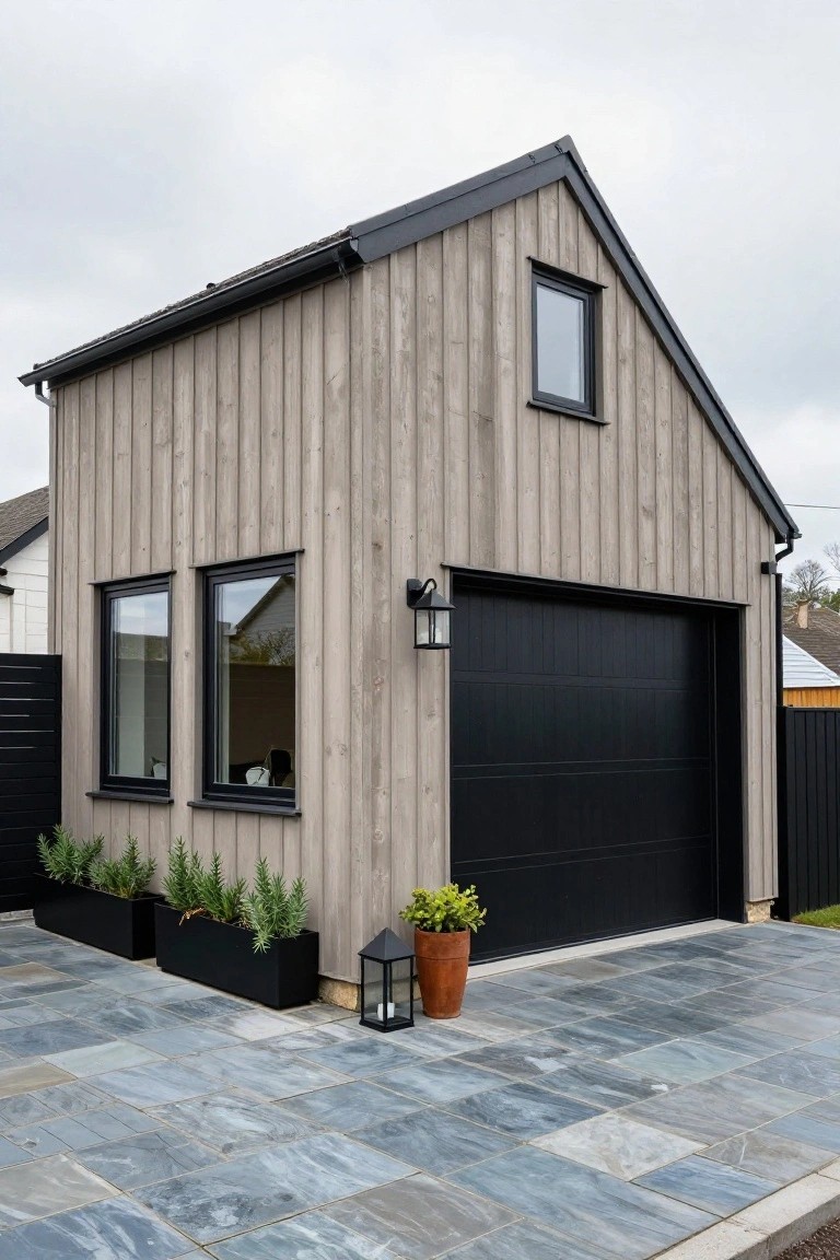 Small modern garage with light gray vertical wood siding, black-framed windows, open black garage door, black planters with greenery, and blue-gray paver driveway in front.