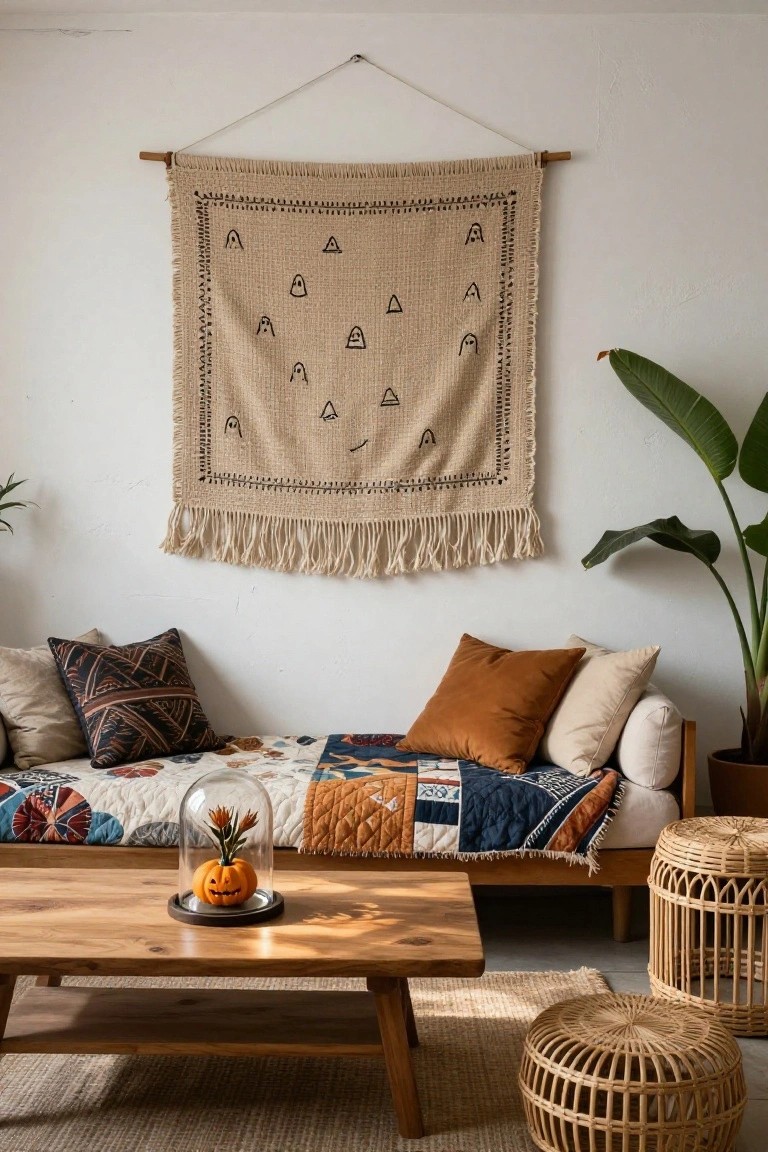A beige woven wall tapestry with black ghost and triangle motifs hangs above a daybed with patterned quilts and pillows in a light-filled living room, next to a wooden coffee table displaying a glass-domed orange jack-o-lantern, rattan stools, and potted plants on light wood floors.