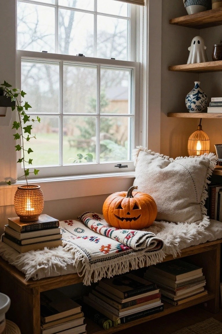 Cozy indoor window bench with carved jack-o-lantern pumpkin, white fringed pillows, woven throw blanket, stacked books, and rattan lantern by a large window.