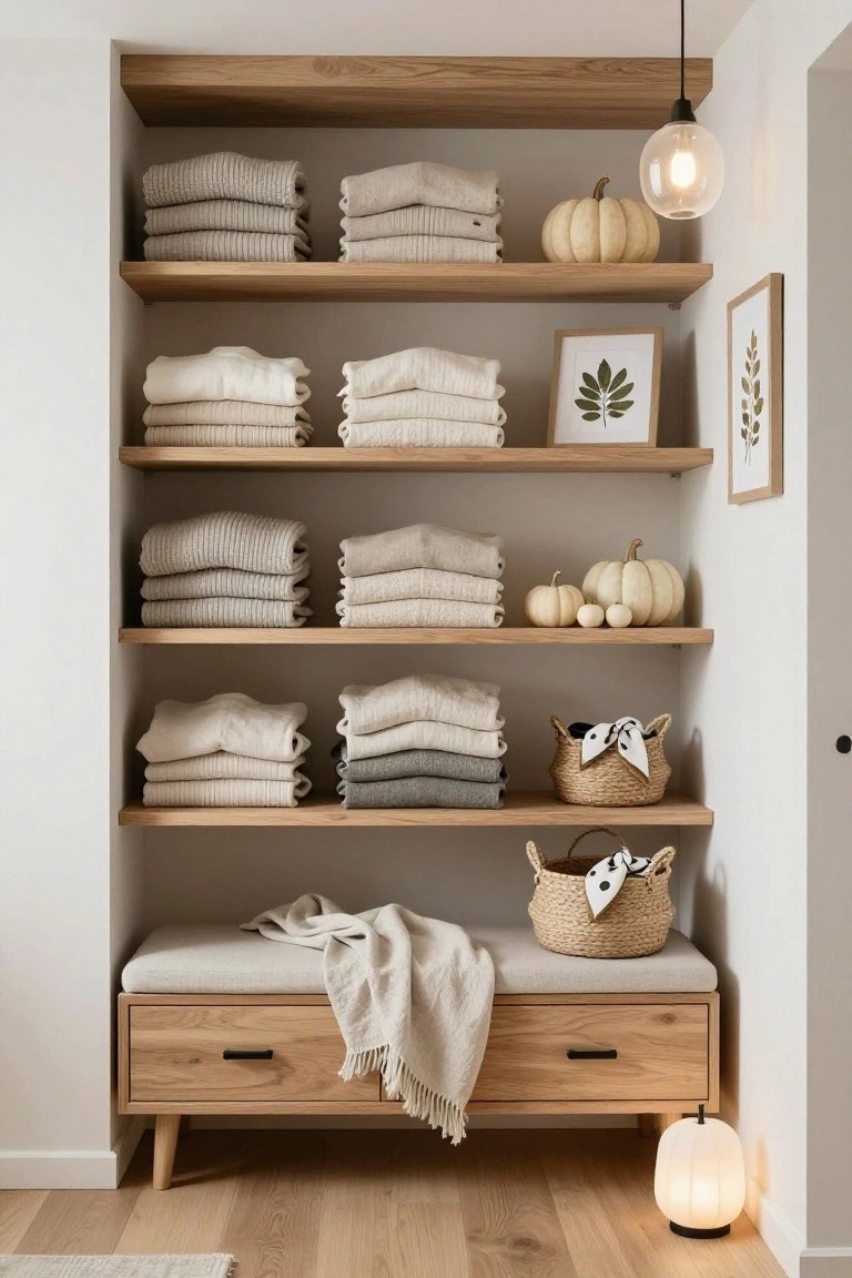 Tall oak built-in shelving unit holding folded white and beige linens and towels, white pumpkins, wicker baskets with linens, framed botanical prints, and a wooden bench with a cream throw below in a light room.