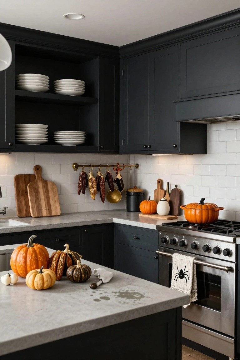 Modern kitchen featuring matte black cabinets, white subway tile backsplash, stainless steel range, wooden cutting boards, hanging brass pots with corn stalks, and Halloween decorations including pumpkins on the counter and a spiderweb towel on the oven handle.