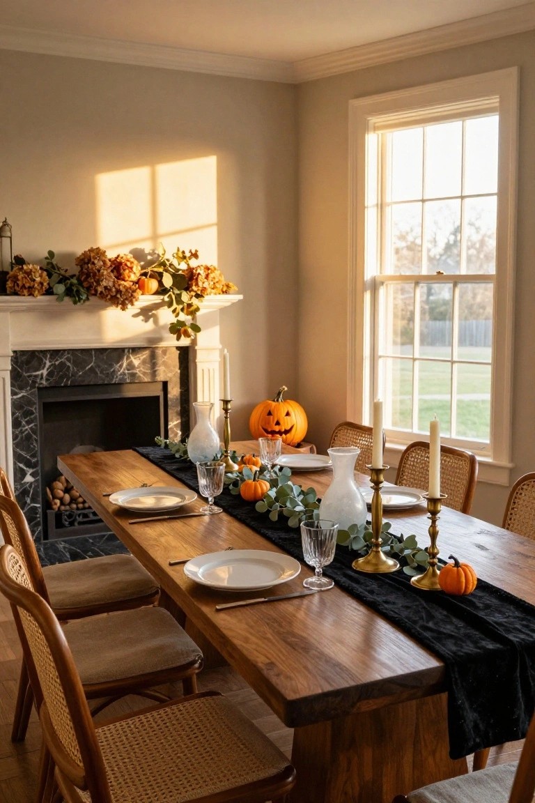 Wooden dining table in a room with marble fireplace, set with black velvet runner, gold candlesticks, small pumpkins, eucalyptus garlands, white plates, glasses, and vases near a large window.