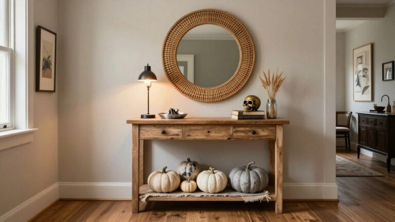 Wooden console table in a beige entryway holding gold skulls on books, a dish with spider, wheat lamp, and pumpkins on the shelf below, with rattan mirror above and window nearby.