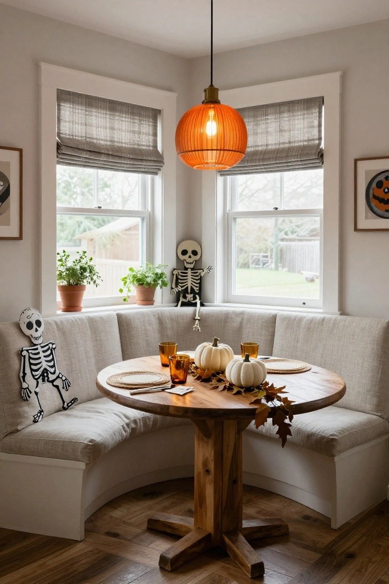 Curved beige fabric banquette booth around a round wooden table in a light gray kitchen nook, set with white pumpkins, amber glasses, plates, skeleton figures propped on benches and windowsills, potted herbs, orange pendant light, and views of greenery outside double windows.