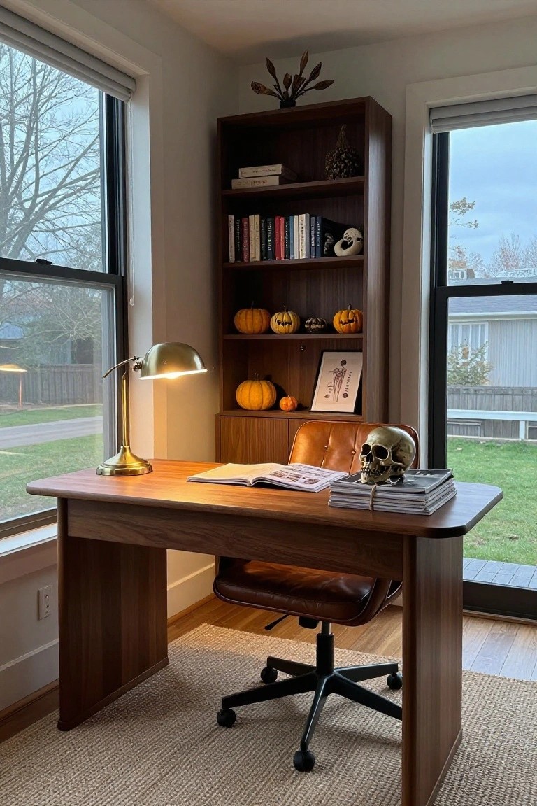 Wooden desk in a home office with brass lamp, skull on stack of magazines, leather chair, bookshelves holding books pumpkins and skull decor, large windows showing yard outside.