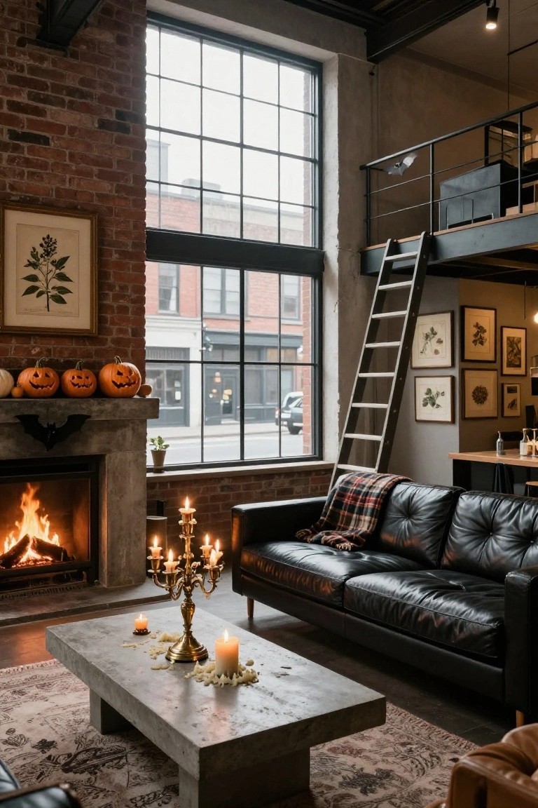 Industrial loft living room with exposed brick walls, large metal-framed windows, fireplace mantel holding carved pumpkins, bat silhouette, and potted plant, black leather sofa, concrete coffee table with candles, and plaid throw.