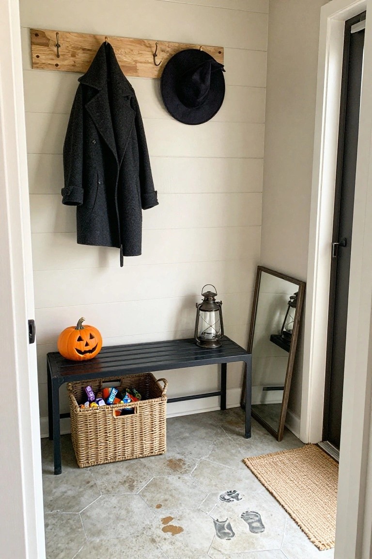 Small mudroom with shiplap walls, wooden hooks holding a dark coat and black hat, black metal bench holding a lantern and wicker basket of assorted Halloween candies next to a jack-o-lantern pumpkin, leaning wood mirror, and woven rug on hex tile floor with gray paw prints near an open door.