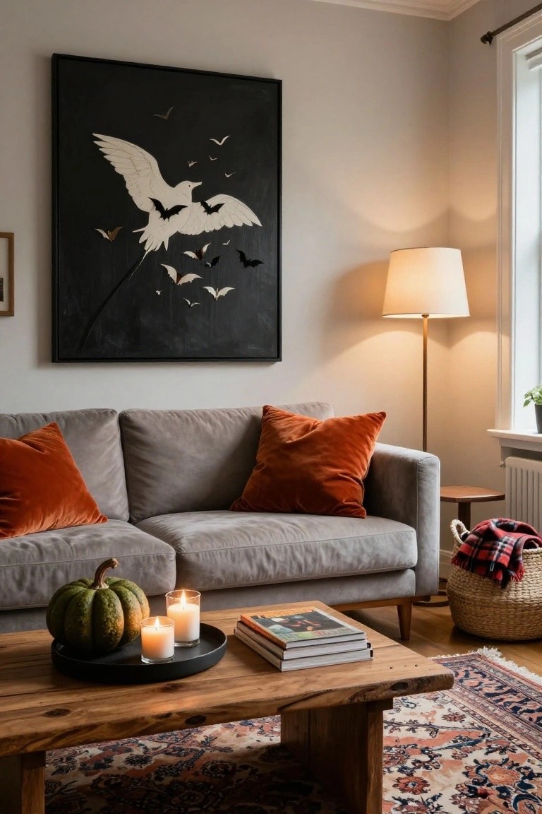 Gray velvet sofa with orange pillows in a light gray living room, black-framed wall art of a white bird with black bats above it, wooden coffee table with green pumpkin and white candles on black tray, floor lamp, wicker basket with plaid blanket, and Persian rug.