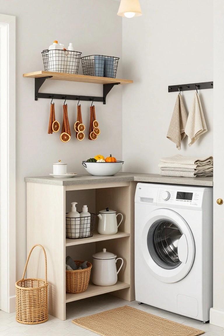 A light gray laundry room with white front-loading washer, open oak shelving holding woven baskets and white teapots, black hooks with hanging linen towels and dried orange slices, concrete countertop with white bowl of pumpkins and squash, and beige seagrass rug.