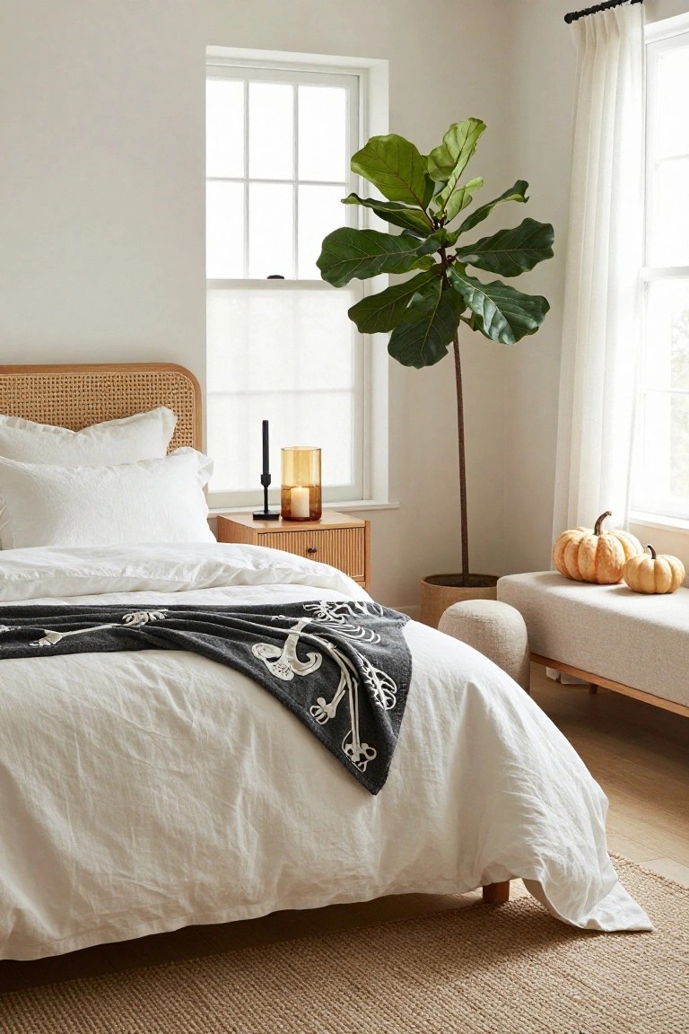 Bedroom interior with rattan headboard, white linen bedding, black throw blanket featuring skull-like patterns, wooden nightstand with amber candle, fiddle leaf fig plant by window, and small pumpkins on upholstered bench.
