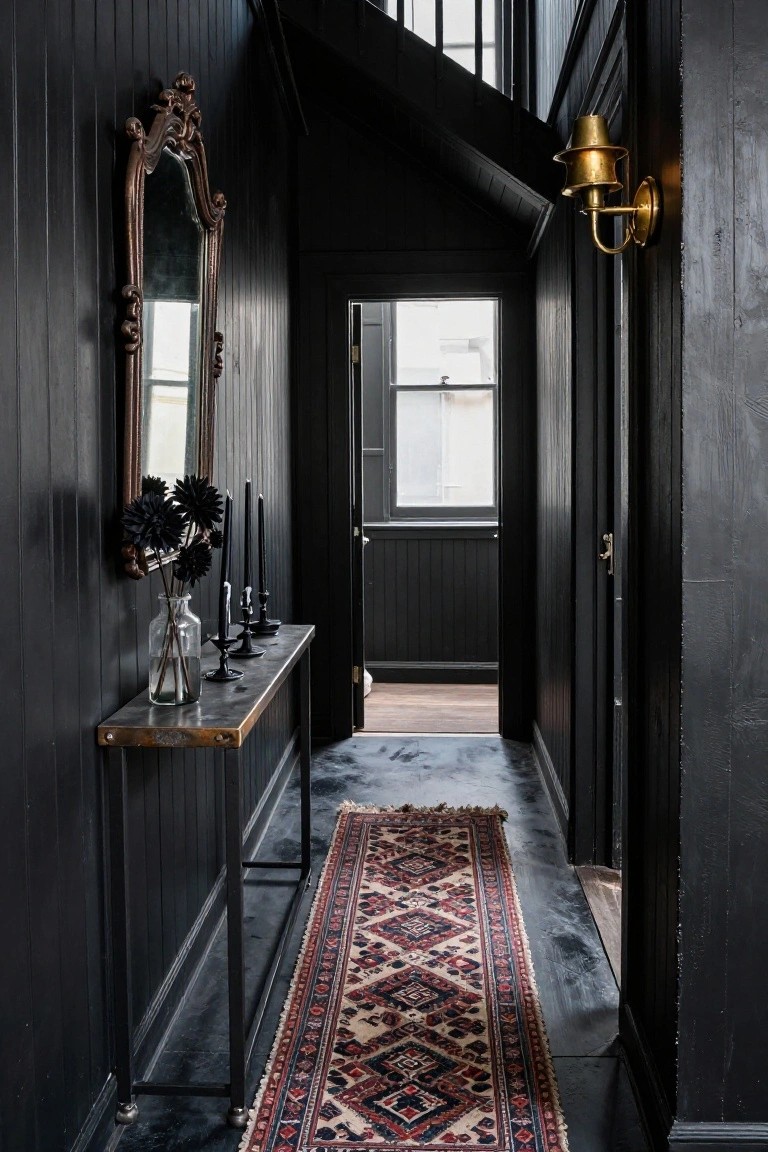 Narrow hallway with black painted wood-paneled walls and ceiling, ornate brass mirror, metal console table holding glass vase of black dahlias and black candles, brass wall lamp, open doors, and red-blue patterned runner rug on concrete floor.