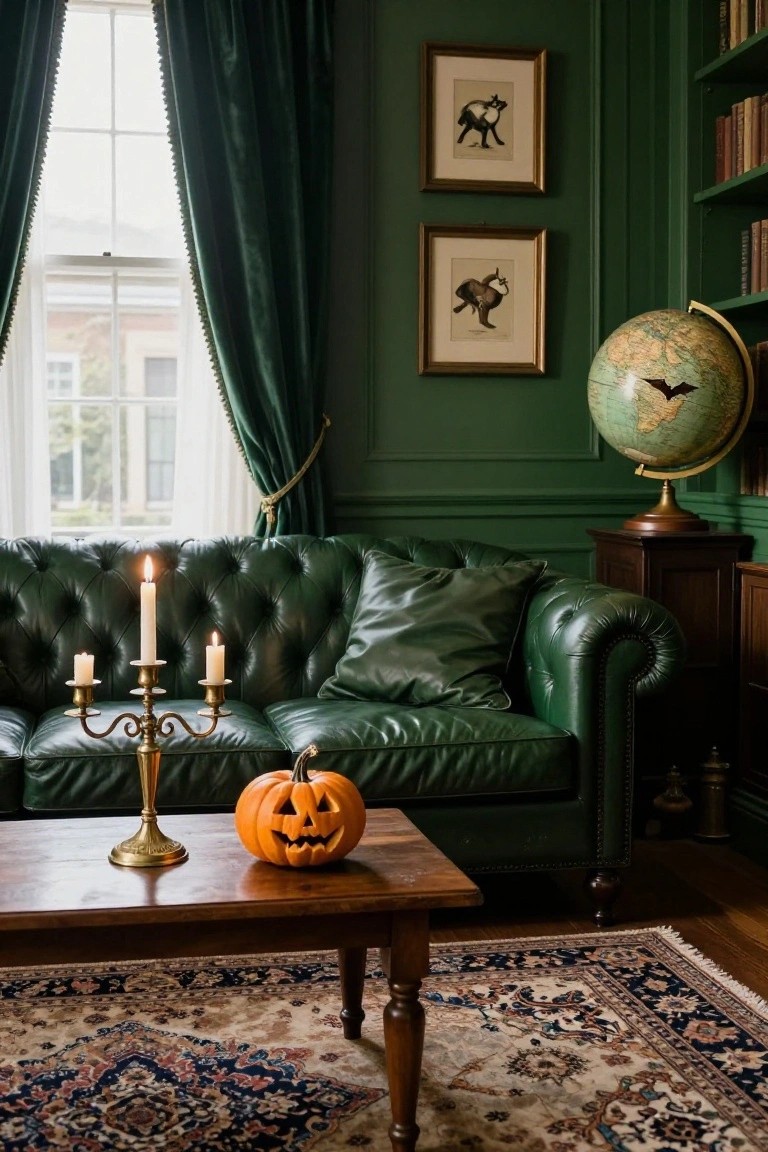 Emerald green paneled library room featuring a tufted green leather Chesterfield sofa, wooden coffee table with brass candelabra and carved jack-o-lantern pumpkin, bookshelves, antique globe with bat decal, and framed black cat artwork on walls.