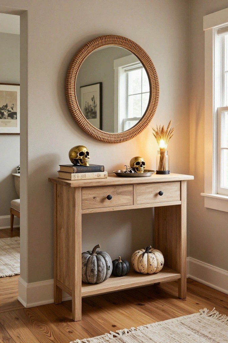 Wooden console table in a beige entryway holding gold skulls on books, a dish with spider, wheat lamp, and pumpkins on the shelf below, with rattan mirror above and window nearby.