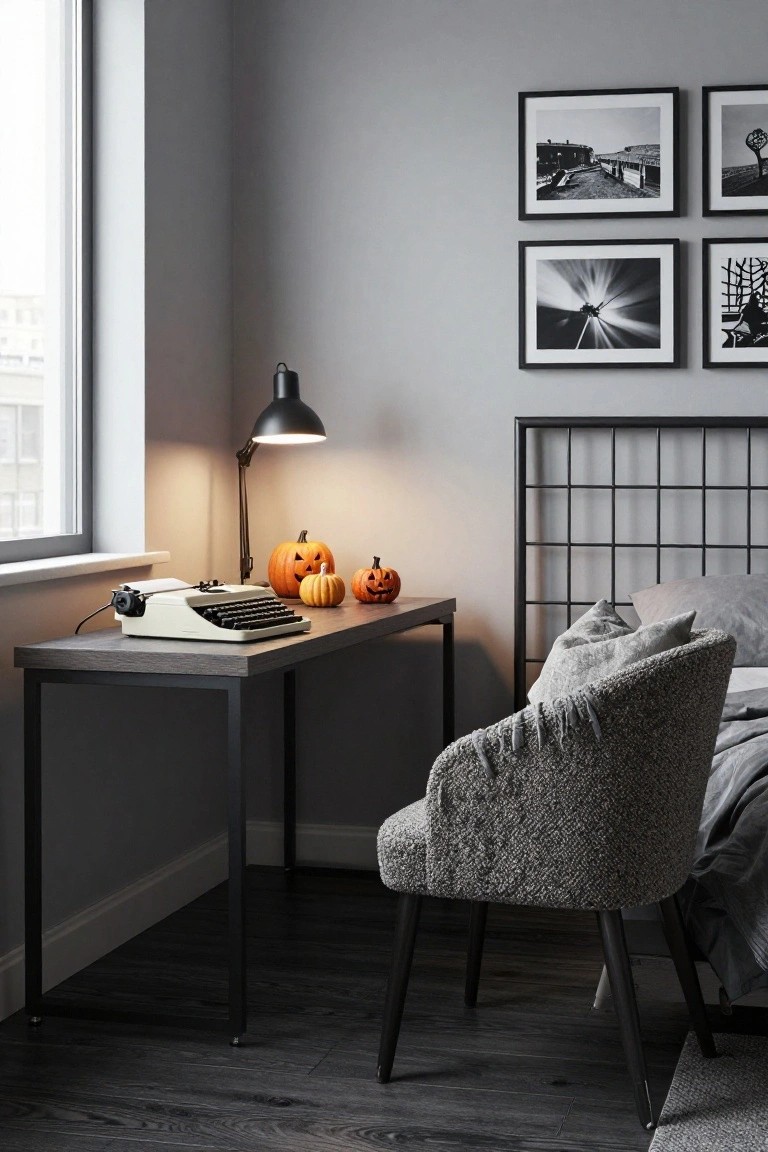 Gray bedroom corner with metal desk holding white typewriter, small carved pumpkins, desk lamp, next to bed with gray pillows and chair, black-and-white photos on walls.