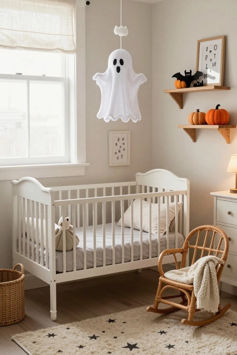 Light gray nursery room with white crib containing a teddy bear, hanging white fabric ghost lampshade, shelves holding small pumpkins and black bat figures, rocking chair with blanket, and star rug on wood floor.