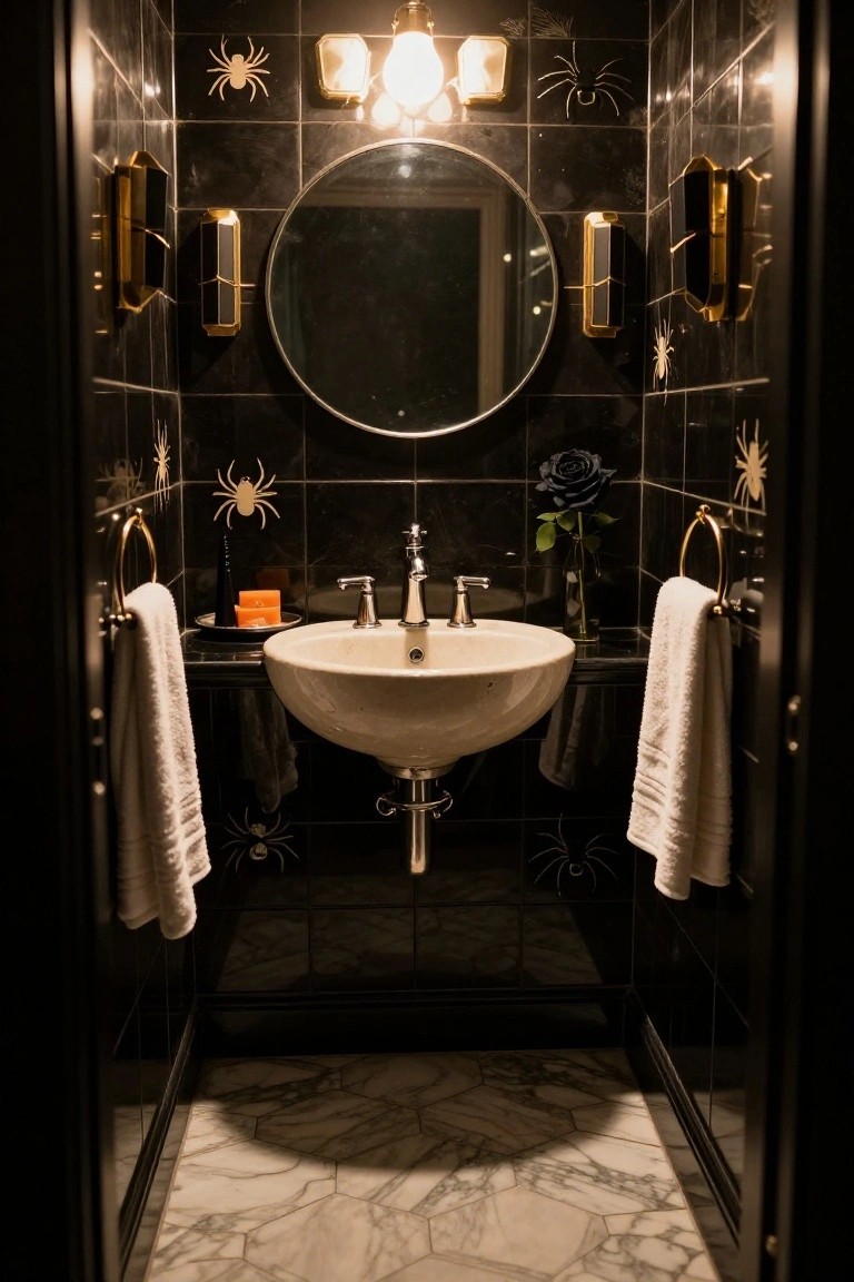 Narrow black-tiled powder room with white spider decals on walls, round mirror over white pedestal sink, gold towel holders with white towels, black rose in vase, orange soap dish, and warm overhead lighting.