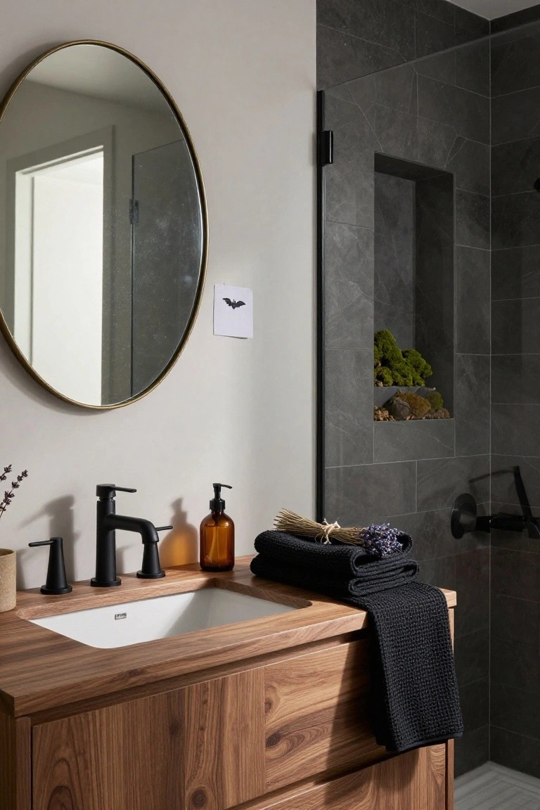 Modern bathroom vanity with wood countertop, white undermount sink, black matte faucets, round brass mirror, black towels folded on the edge, amber bottles, dried lavender bundle, and adjacent dark gray tiled shower with moss-filled niche and bat sticker on white light switch plate.