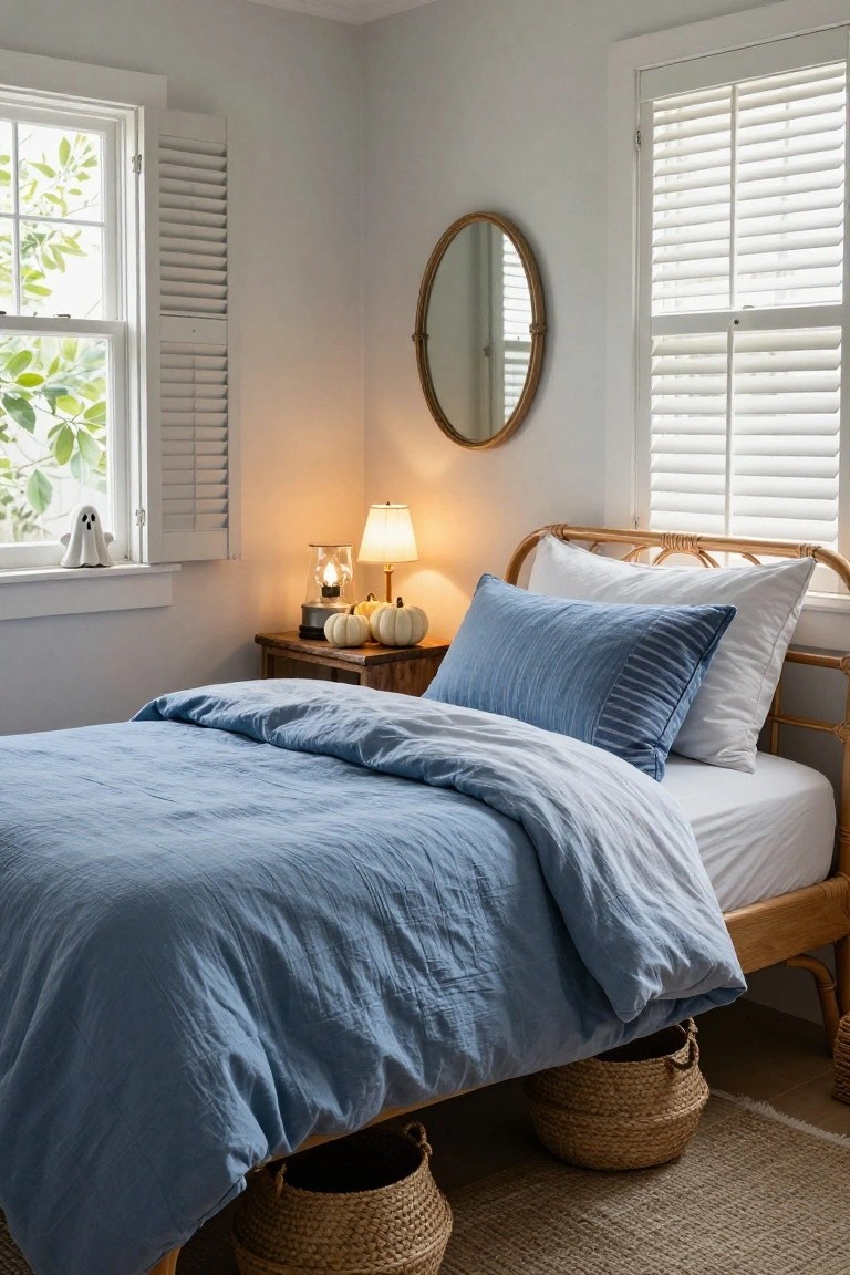 Light gray bedroom with rattan bed frame, blue linen bedding, nightstand holding lanterns and white pumpkins, ghost figure on windowsill, round rattan mirror on wall, and woven baskets under bed on seagrass rug.