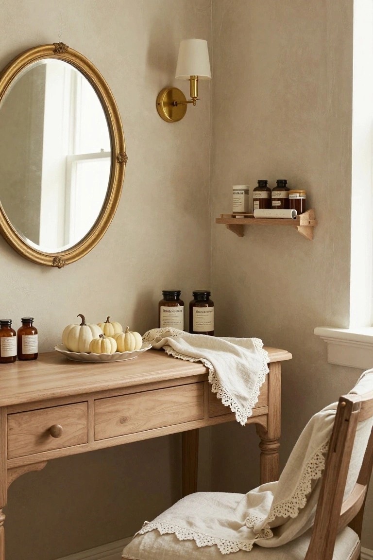 Wooden vanity desk in a beige room holding small white pumpkins on a plate with brown glass bottles nearby, gold oval mirror on wall, wooden shelf with more bottles, and chair draped in white linen cloth.