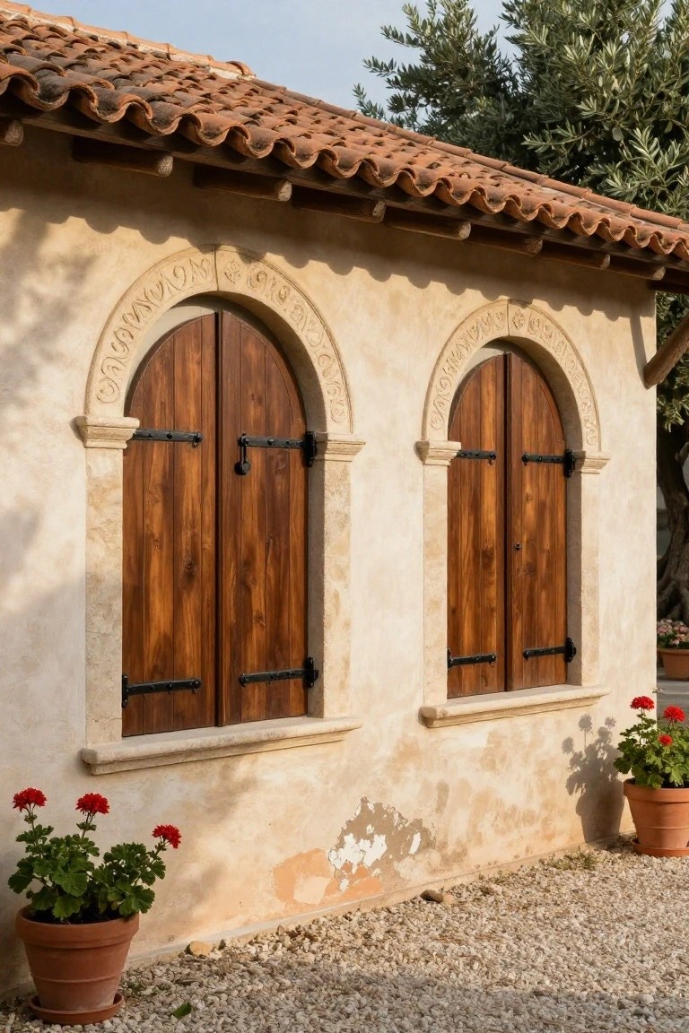 Beige stucco building exterior with two pairs of tall arched dark wooden shutters on doors and windows, secured by black wrought-iron straps and hinges, potted red geraniums on gravel ground in front.