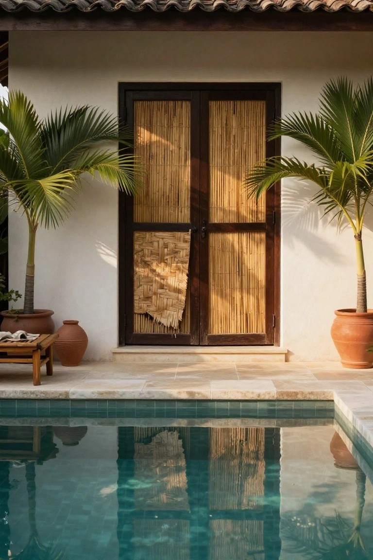 White stucco exterior wall with dark-framed double doors covered in woven bamboo shutters, flanked by potted palm trees in terracotta pots, a wooden lounge chair with book and coffee cup, and turquoise pool edge in foreground.