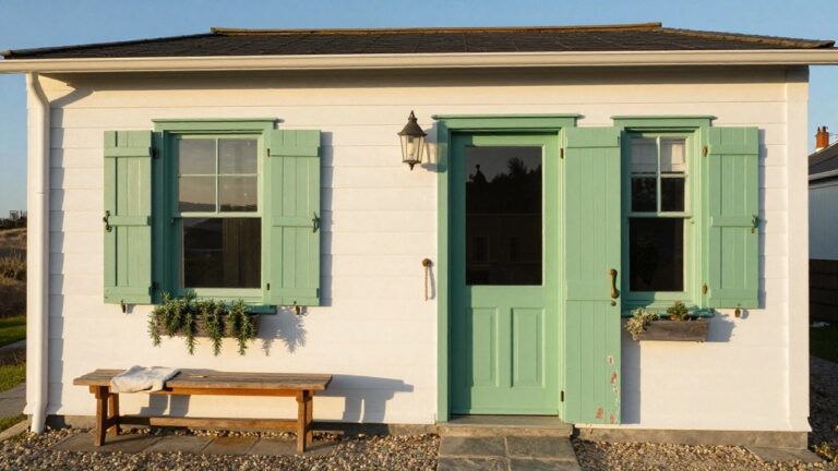 White clapboard house exterior featuring open mint-green shutters on a glass-paneled door and adjacent window, with a wooden window box of herbs, lantern light, wooden bench on stone steps, gravel ground, and plants nearby.
