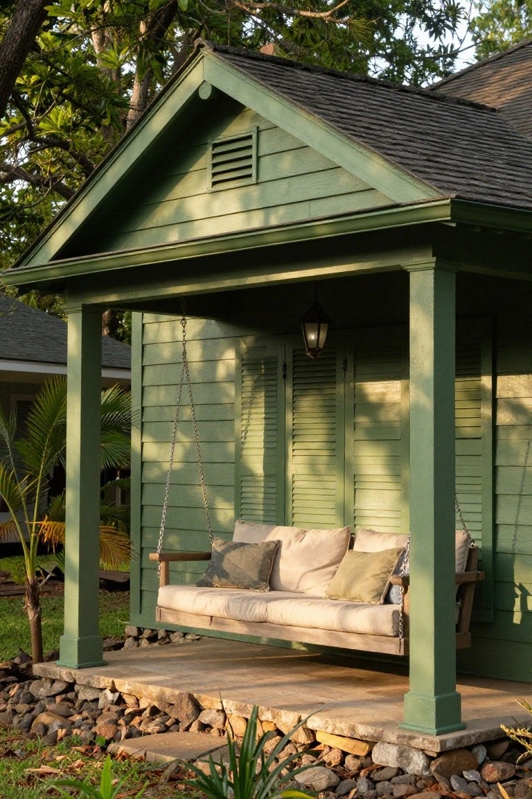 Green painted wooden porch with louvered green shutters on the side wall, a hanging wooden swing with cushions, a lantern hanging from the ceiling, palm trees, and a stone and rock base around the platform.