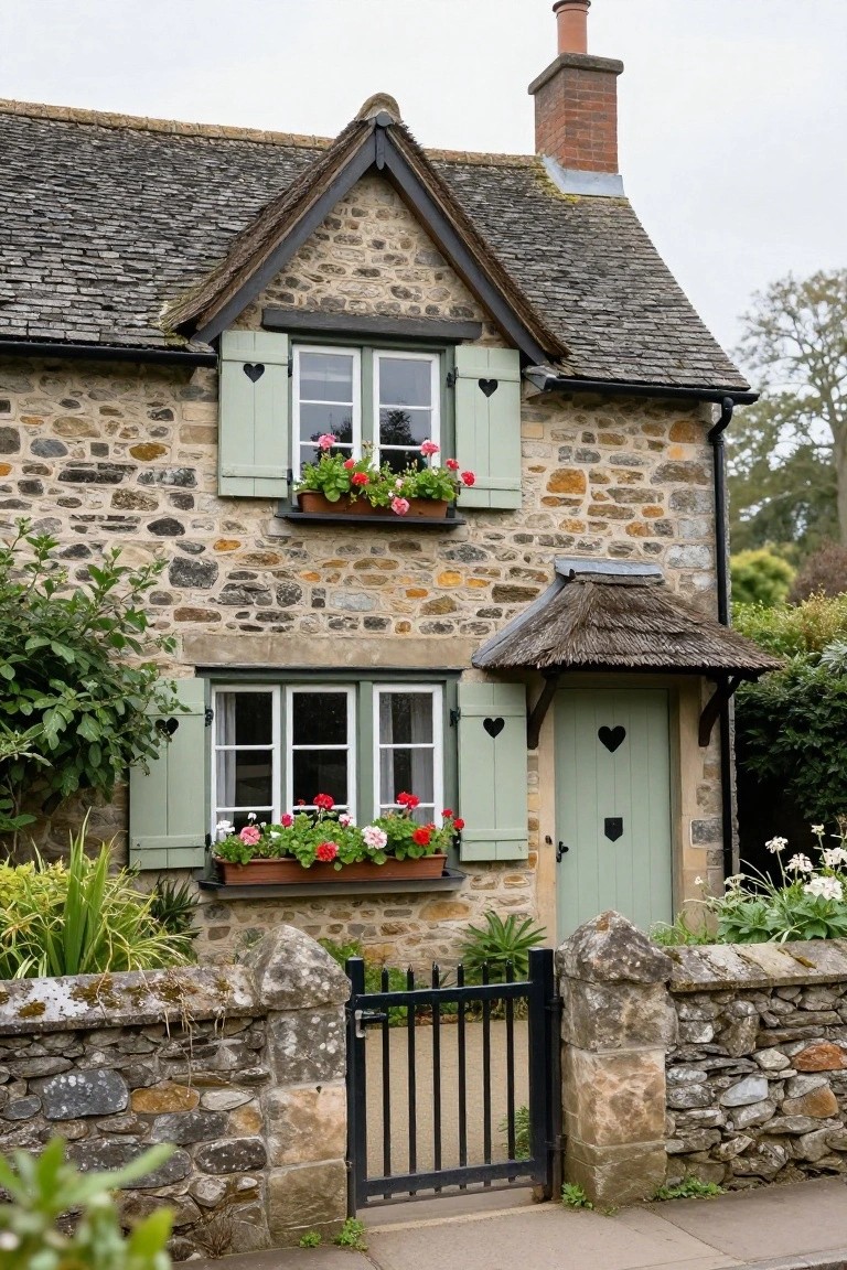 Stone cottage exterior with mint green shutters featuring heart-shaped cutouts on windows and door, flower boxes with red geraniums, thatched porch overhang, and low stone wall with black metal gate.