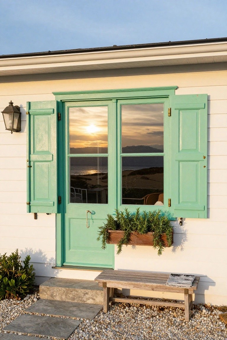 White clapboard house exterior featuring open mint-green shutters on a glass-paneled door and adjacent window, with a wooden window box of herbs, lantern light, wooden bench on stone steps, gravel ground, and plants nearby.