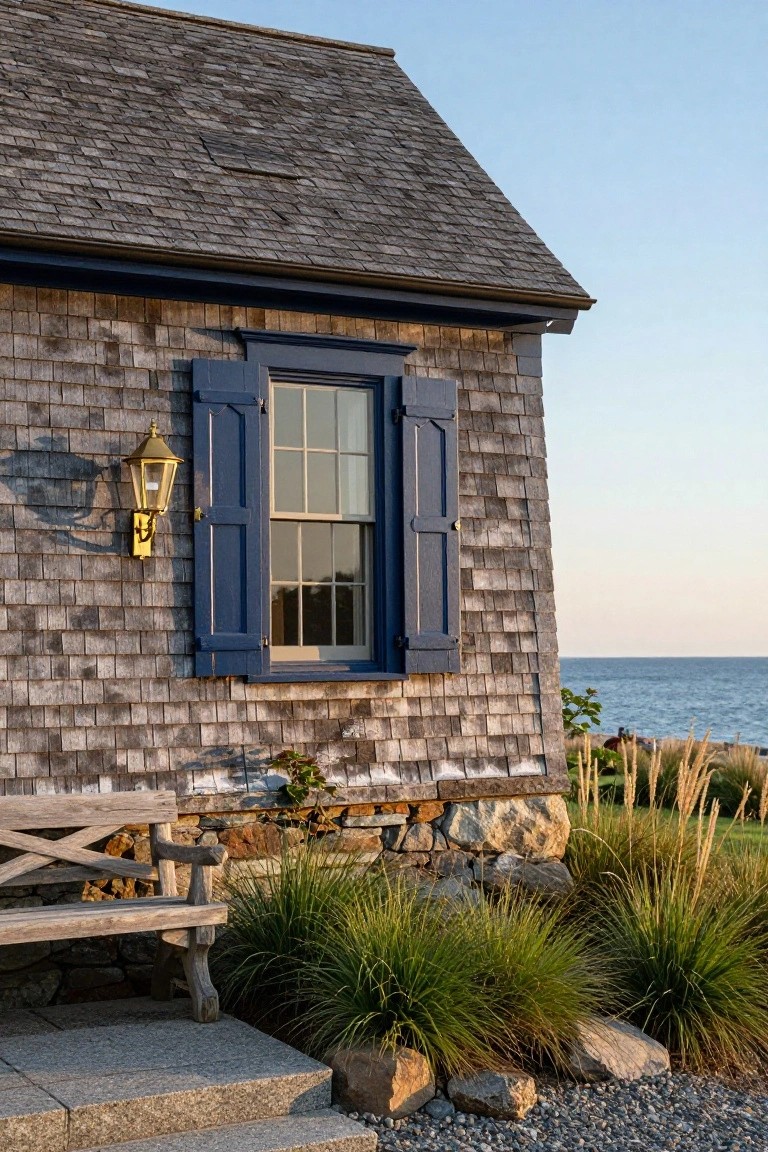 Corner view of a gray shingle-clad house with navy blue louvered shutters framing a double-hung window, brass wall lantern, wooden bench on stone base, granite steps, ornamental grasses, rocks, and ocean in background.