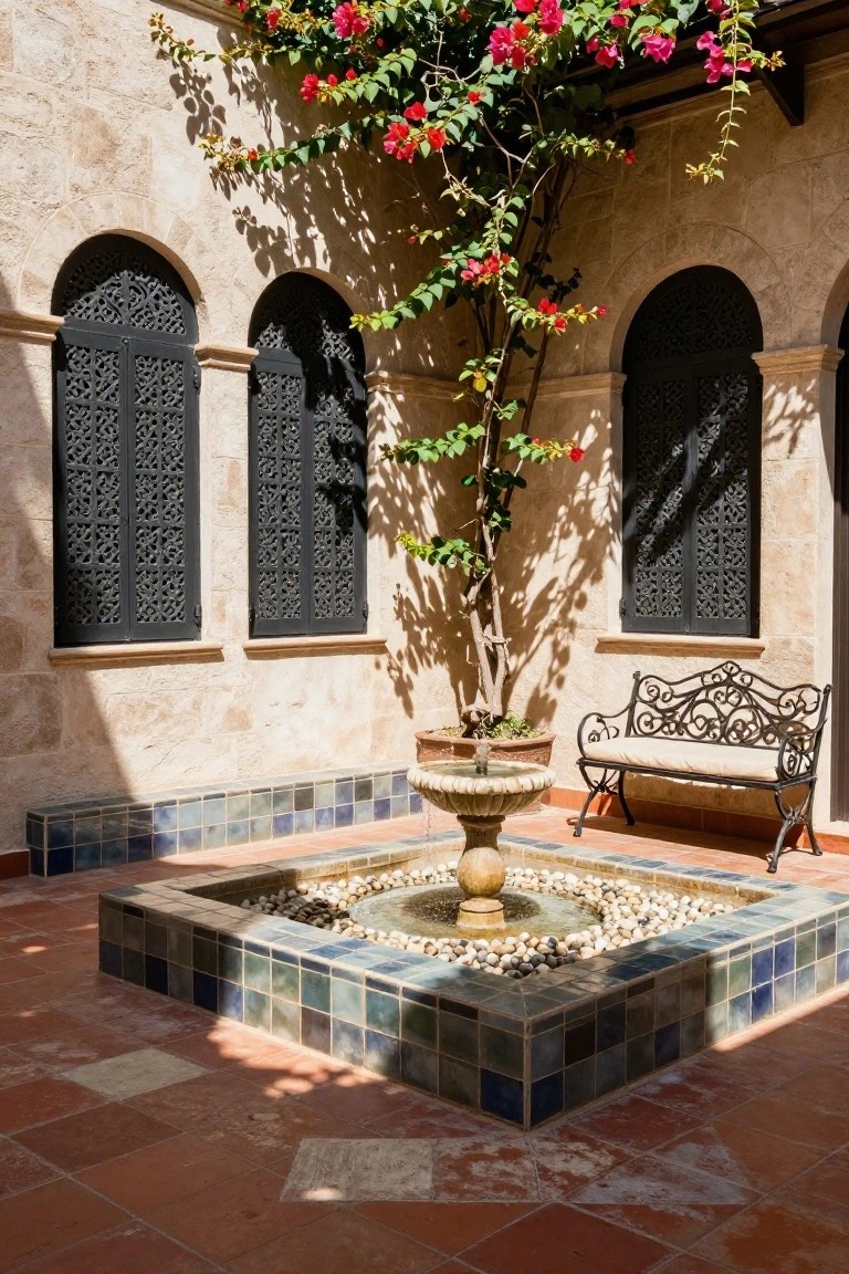 Beige stucco courtyard walls with two arched black lattice shutters, climbing pink bougainvillea on one wall, a blue-tiled fountain with pebbles and a central urn, a potted plant, and a wrought-iron bench on terracotta pavers.
