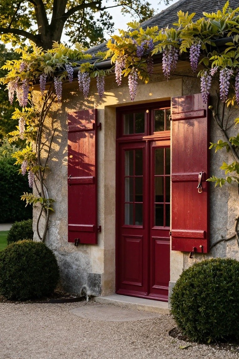 Beige stone cottage entrance with red wooden shutters and double doors, purple wisteria vines draped over the top and sides, green boxwood shrubs flanking the gravel path.