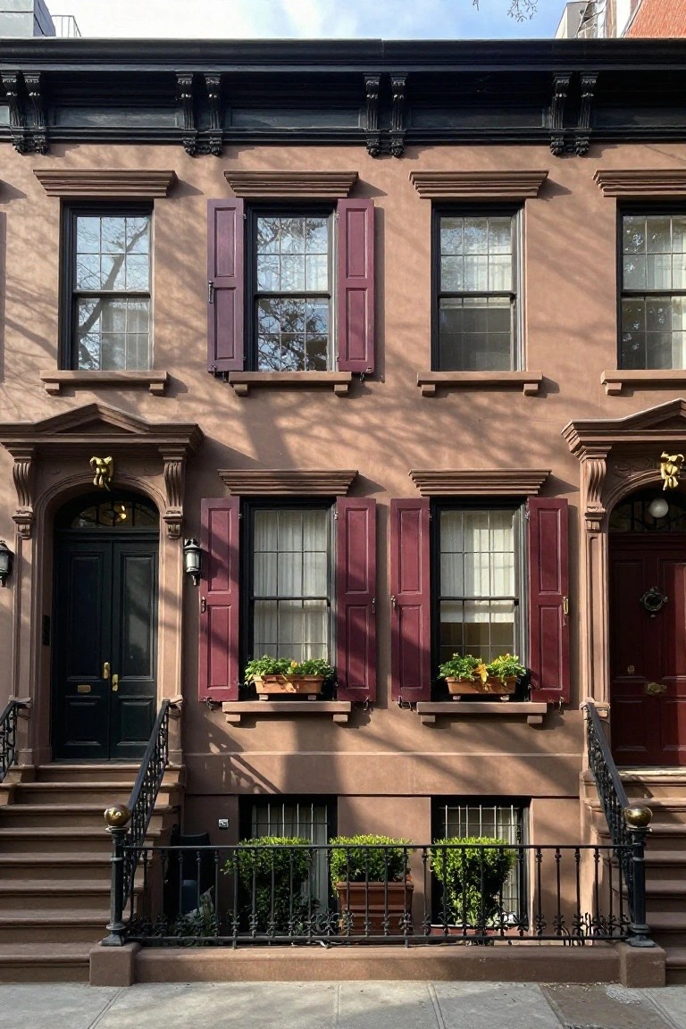 Two adjacent three-story brownstone townhouses with red louvered shutters on multi-pane windows, black-trimmed doors, potted plants on sills, and wrought iron stoop railings.