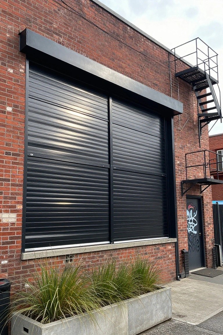 Brick exterior wall of a building featuring large black roll-up shutters over wide openings, metal fire escape stairs, a graffiti-covered black door, concrete planters with ornamental grasses, and a sidewalk.