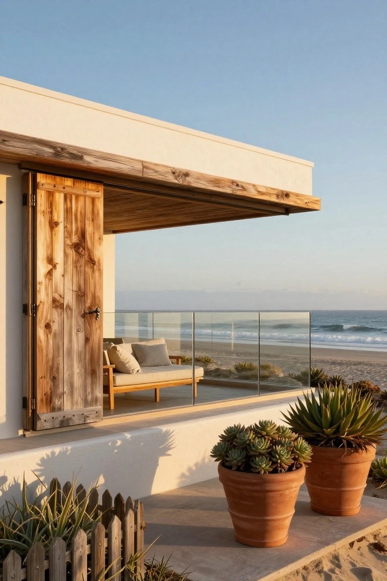 Modern beach house exterior with large open weathered wooden sliding door next to glass balcony railing overlooking ocean waves, potted succulents and agave plants in foreground.