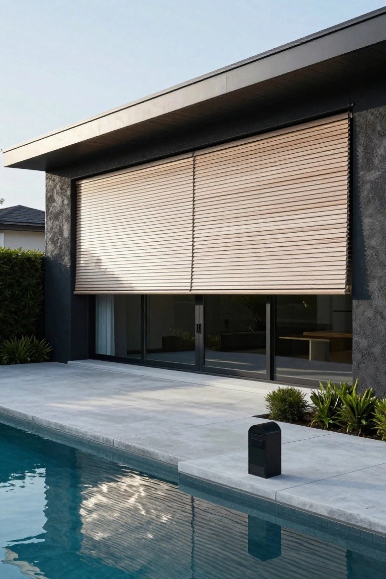 Modern house exterior with two large partially open wooden slatted shutters covering sliding glass doors, adjacent to a pool deck with plants and a black mailbox.
