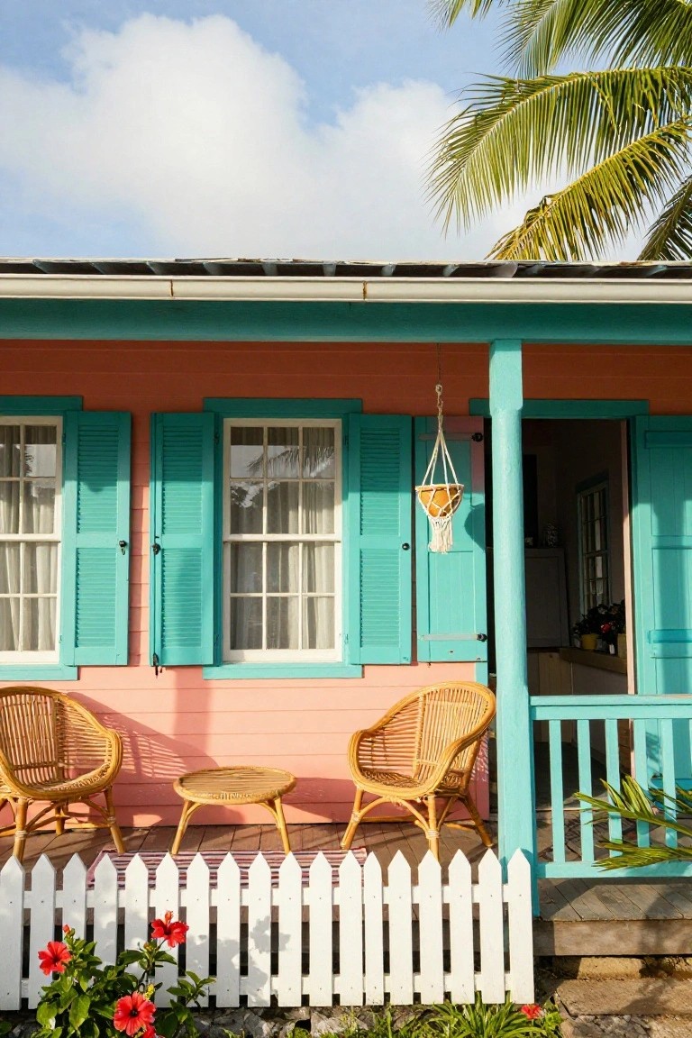 Coral pink house exterior with turquoise louvered shutters on windows, open turquoise front door, rattan chairs and table on porch, white picket fence, hanging plant, and hibiscus flowers in front.