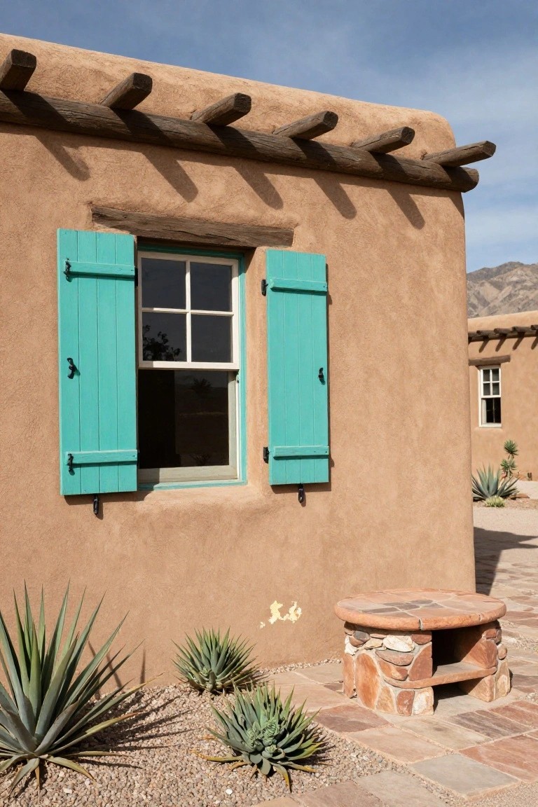 Close-up of a tan adobe house wall with open turquoise wooden shutters framing a white-framed window, wooden vigas along the roof edge, agave plants in gravel bed, and a low stone table nearby in a desert yard.
