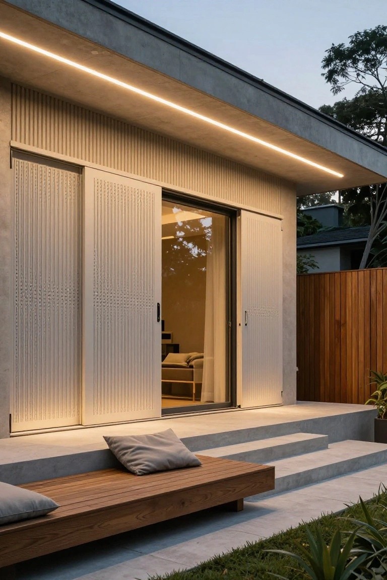 Modern house exterior featuring beige vertical ribbed sliding shutters over glass doors, concrete platform with steps, wooden bench with gray pillows, wooden fence, and plants at dusk.