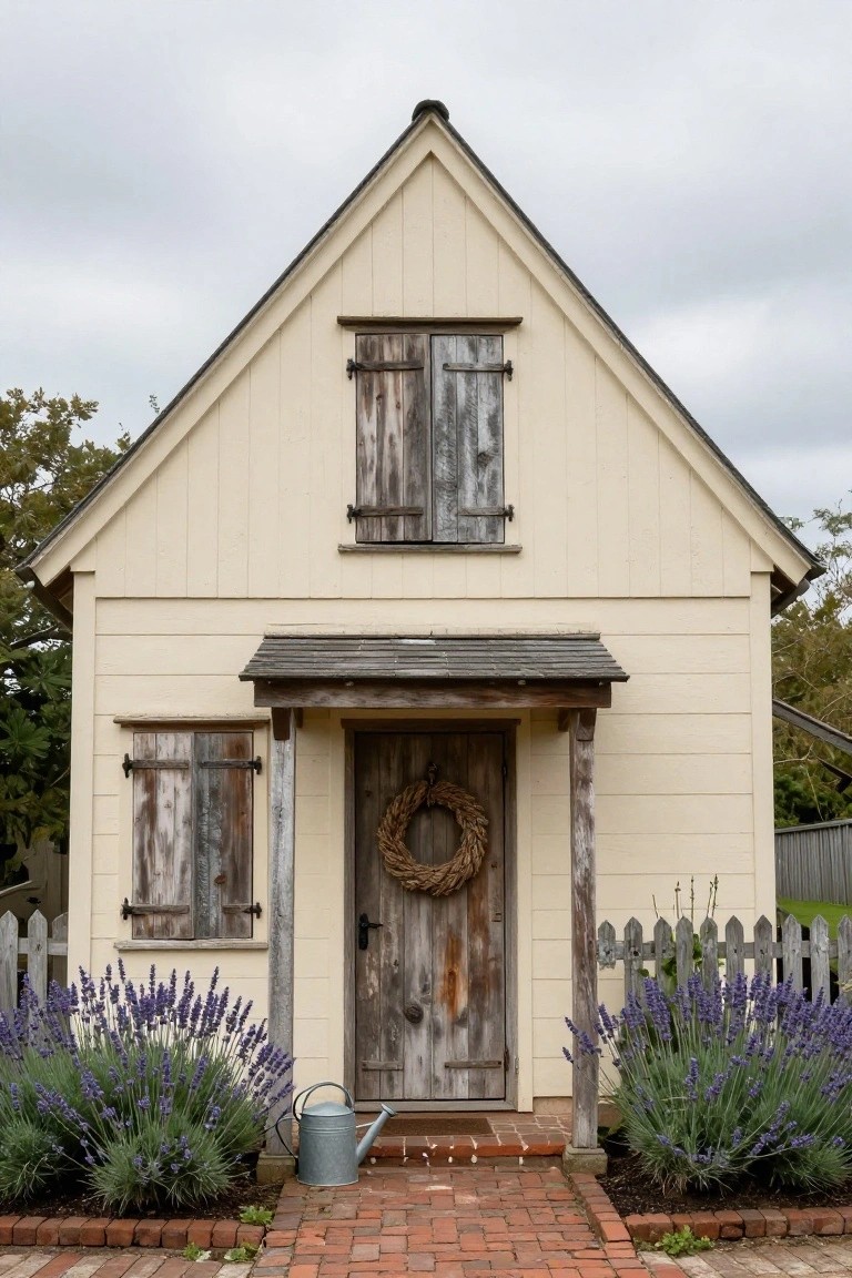 Beige clapboard house with weathered wooden shutters on upper and side windows, distressed wooden front door with rope wreath, small covered porch supported by posts, lavender bushes flanking brick path, metal watering can nearby, and picket fence sections.