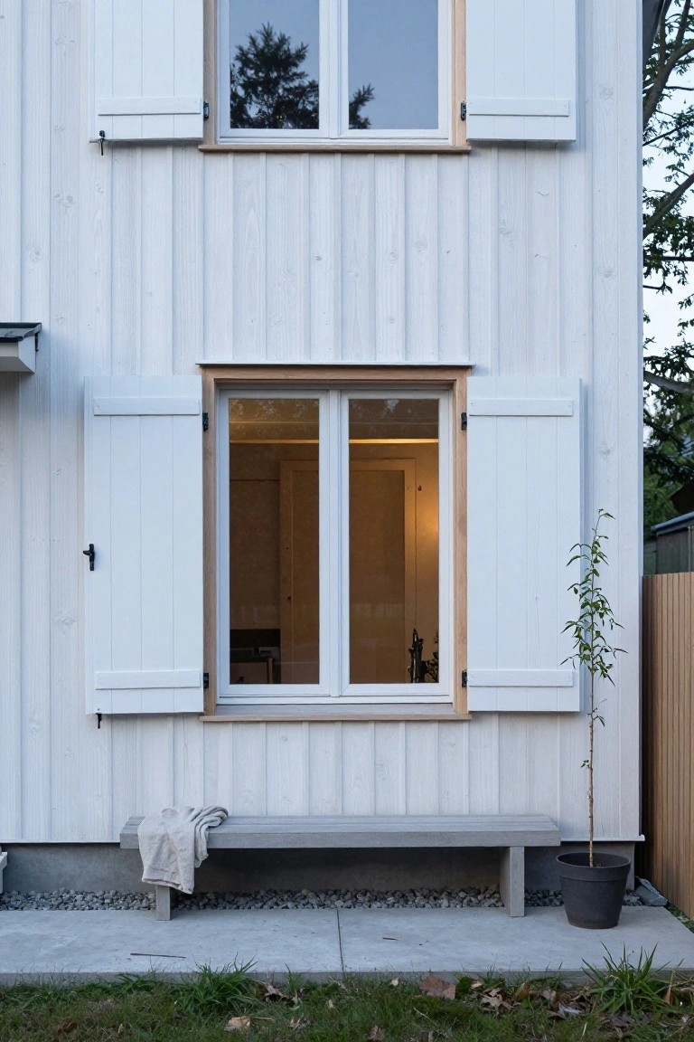 White wood-clad house exterior featuring open white shutters on two levels of windows, a concrete bench with a folded blanket, a potted slender tree, gravel base, and patchy grass in front.