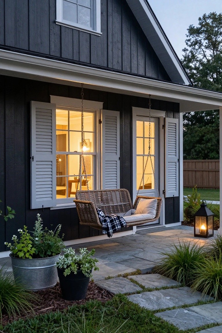 Dark shiplap-sided house exterior with white louvered shutters flanking lit windows next to a hanging porch swing on a stone patio with potted plants and a lantern.