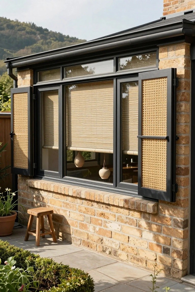Brick exterior wall of a house with large black-framed windows covered by partially open beige woven cane shutters, bamboo blinds visible inside, a small wooden stool on the paved ground nearby, and low plants along the edge.