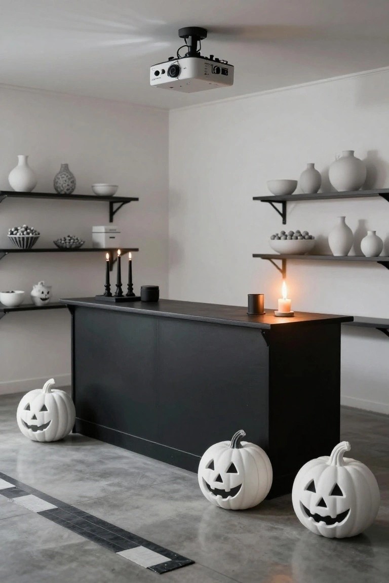Covered outdoor garage seating area featuring a rattan sofa with black pillows and orange throws, wooden coffee table with jack-o-lantern pumpkin and white skulls, surrounded by potted plants, cobwebs, macrame hangings, and lanterns.