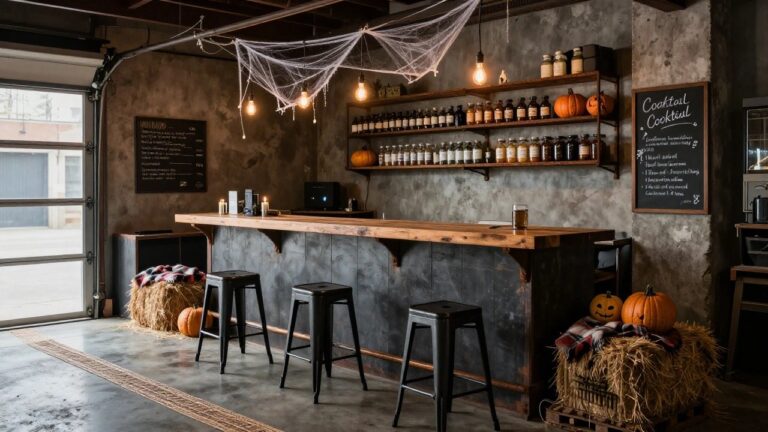Garage interior decorated for Halloween with a wooden bar counter, flanked by hay bales topped with carved pumpkins, faux fur, plaid blankets, cobwebs overhead, skull decorations on shelves, candelabras, and a chalkboard cocktail menu.
