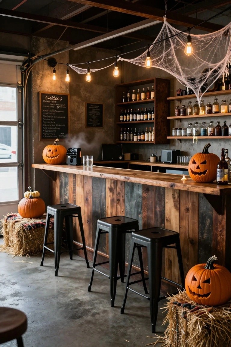 Garage interior decorated for Halloween with a wooden bar counter, flanked by hay bales topped with carved pumpkins, faux fur, plaid blankets, cobwebs overhead, skull decorations on shelves, candelabras, and a chalkboard cocktail menu.