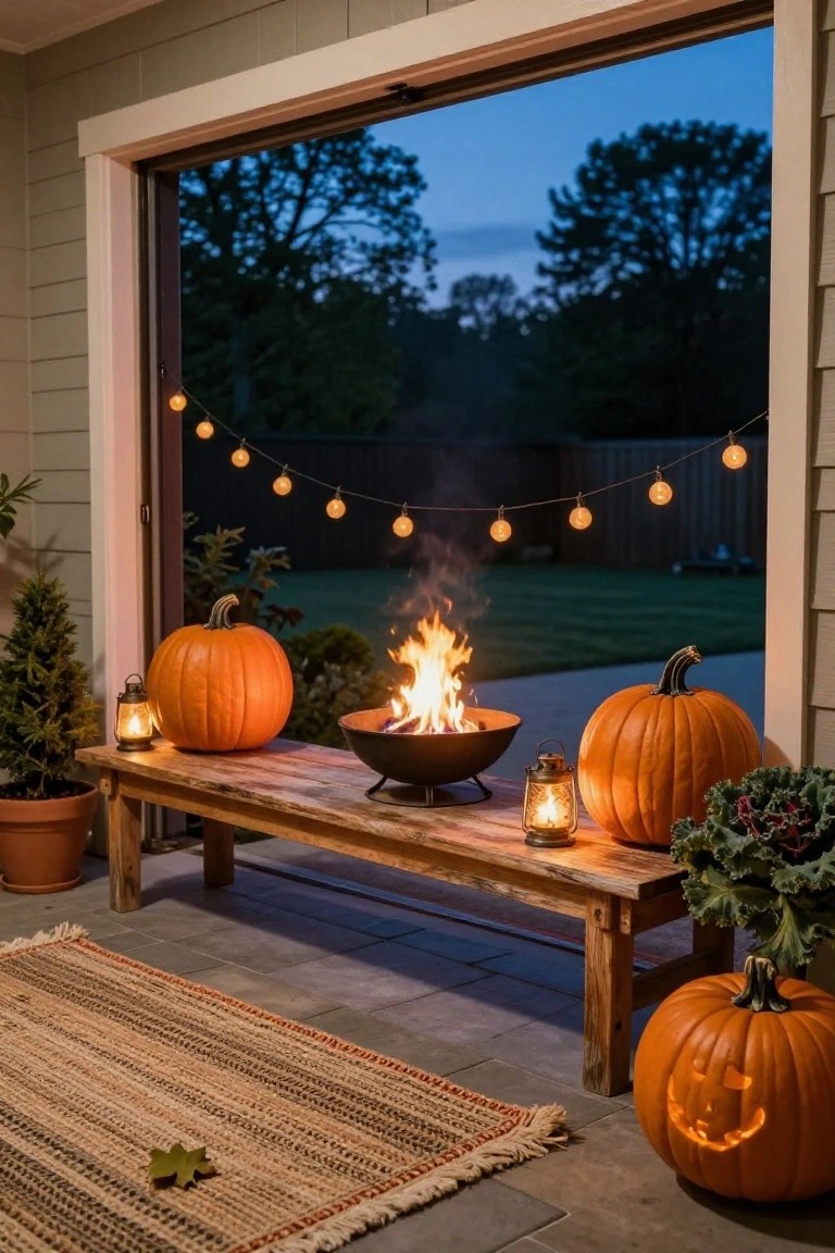 Garage converted into a dimly lit movie theater with a projector screen, colorful patchwork quilts and cushions arranged on the floor for seating, wooden crates holding popcorn buckets and snacks, string lights, small tombstones, and Halloween-themed signs.