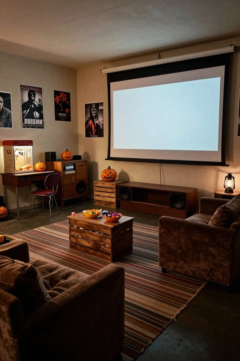 Outdoor Halloween party setup under a garage overhang with rattan chairs and sofa around a concrete table holding candles and pumpkins, plus a DJ table, spooky sign, lanterns, and scattered jack-o-lanterns on a stone patio.