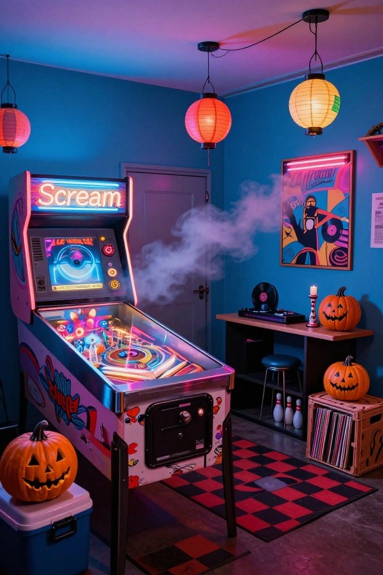 Garage door area set up for an outdoor Halloween party with black-covered tables topped with pumpkins and orange runners, hay bales draped in denim, carved jack-o-lanterns, string lights, and ghost garlands hanging above.